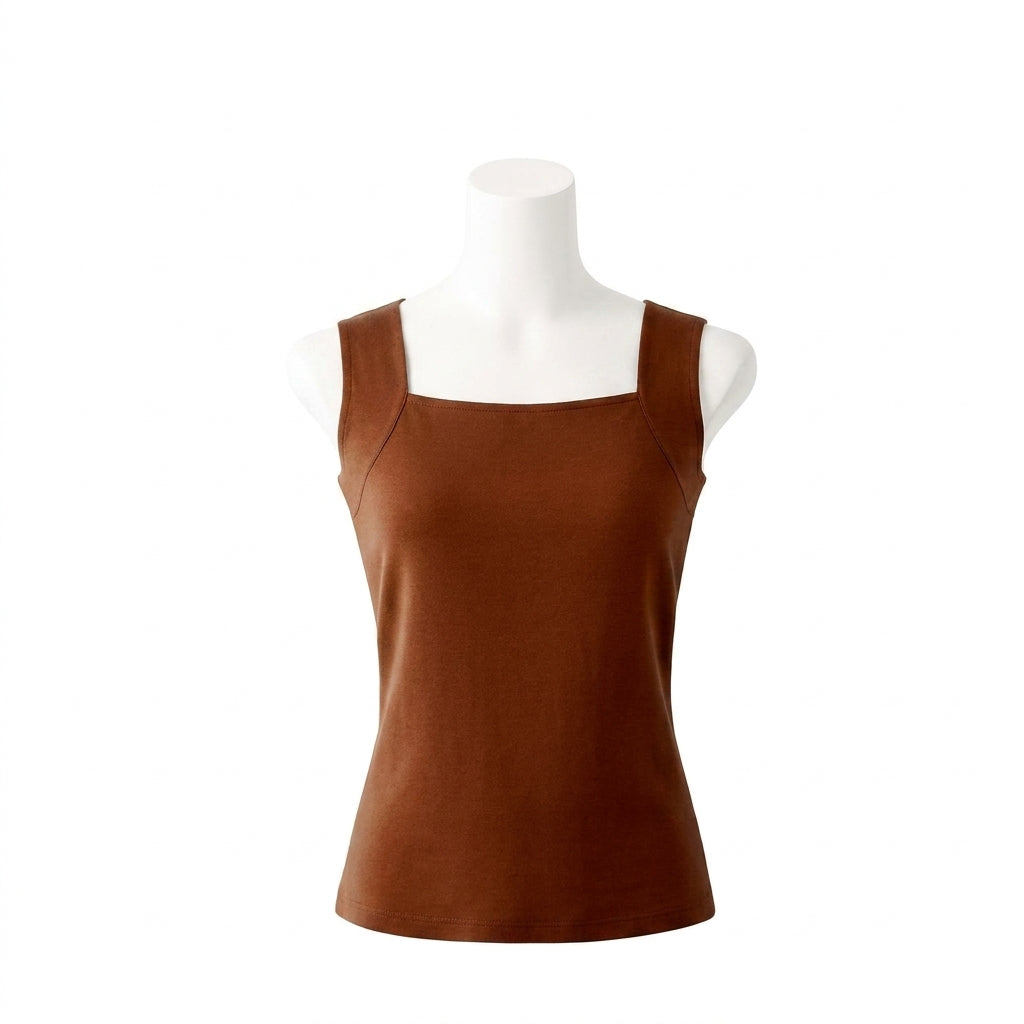 Débardeur avec soutien-gorge intégré, débardeur marron sur mannequin blanc
