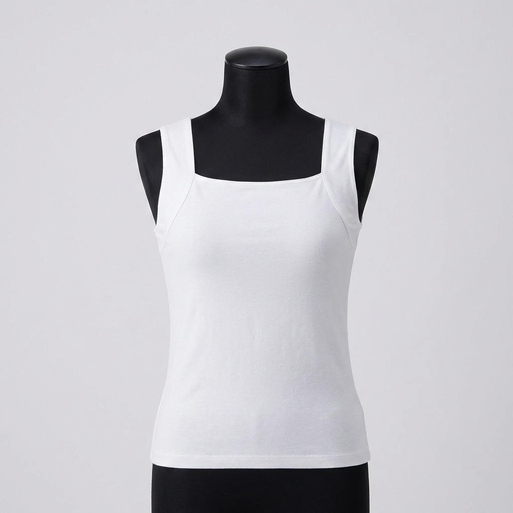 Débardeur avec soutien-gorge intégré, débardeur blanc mannequin noir fond gris