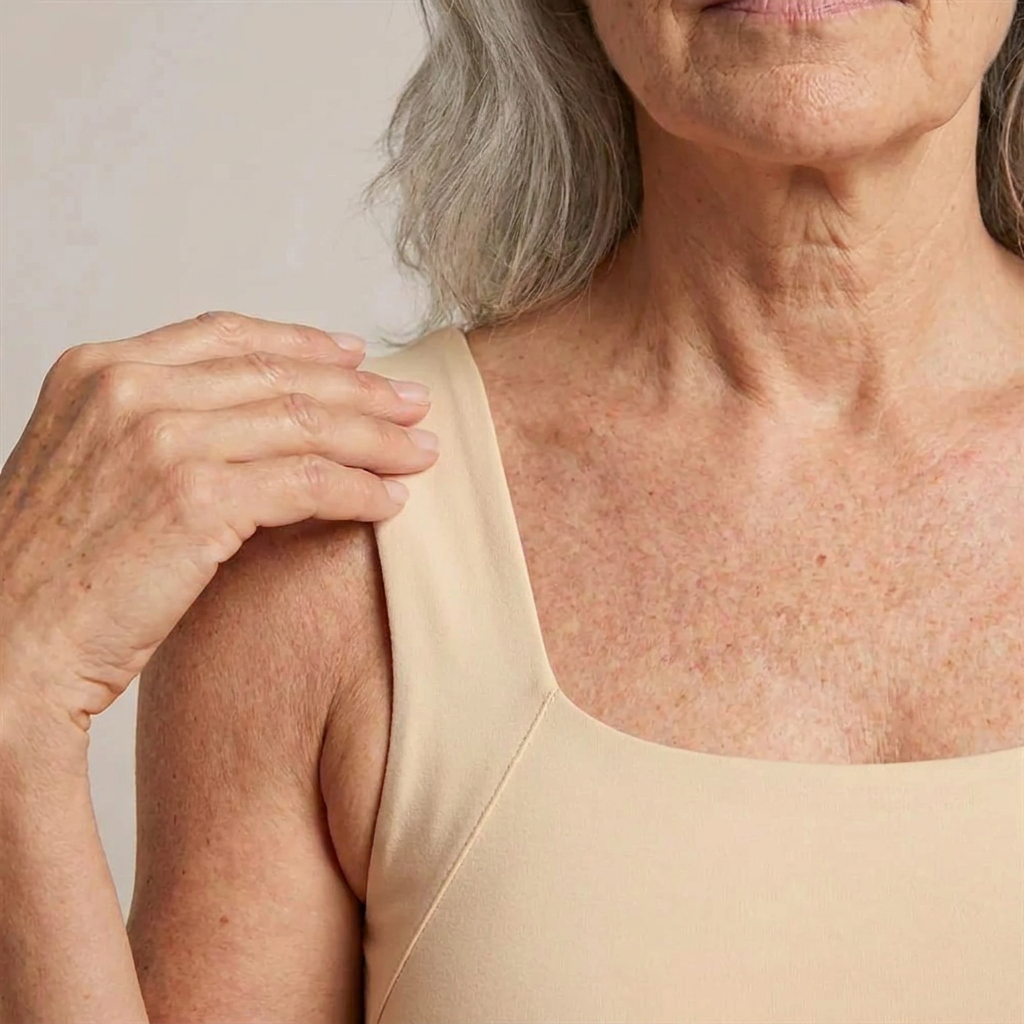 Débardeur avec soutien-gorge intégré, femme âgée portant débardeur beige