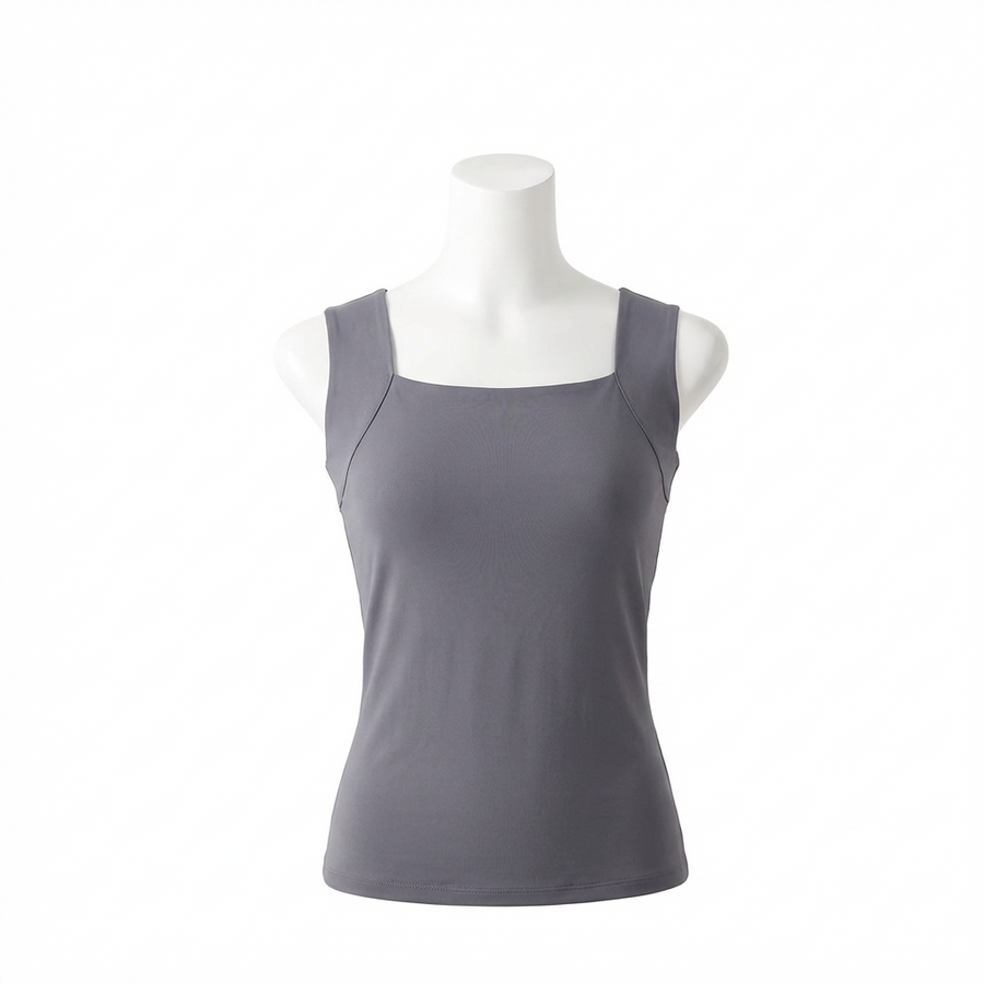 Débardeur avec soutien-gorge intégré, débardeur gris sur mannequin blanc