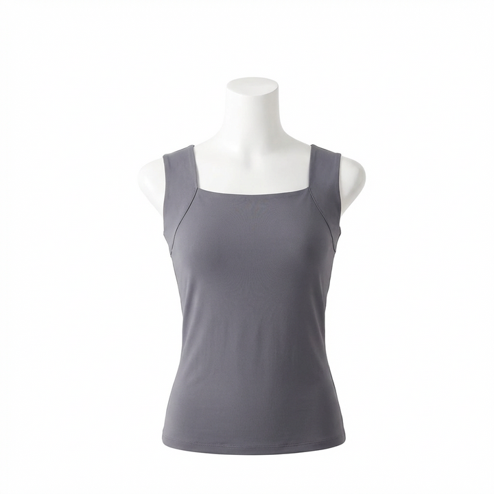 Débardeur avec soutien-gorge intégré, débardeur gris sur mannequin blanc