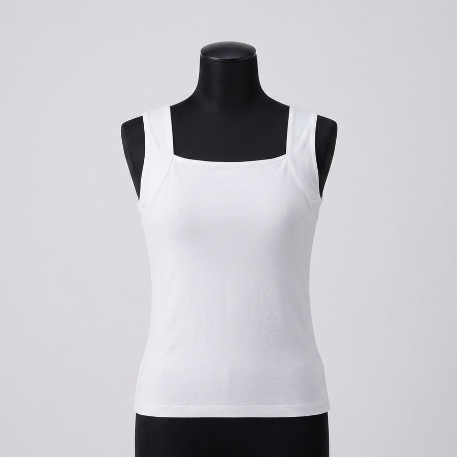 Débardeur avec soutien-gorge intégré, débardeur blanc mannequin noir fond gris