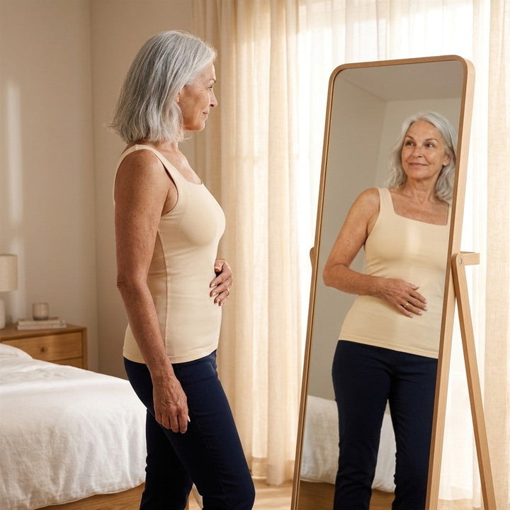 Débardeur avec soutien-gorge intégré, femme porte débardeur devant miroir